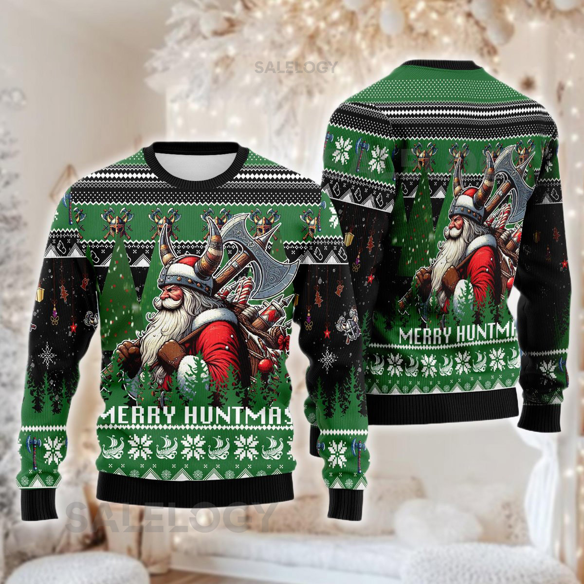 Viking Santa Claus Christmas Sweater Funny Hunter Holiday Sweatshirt Norse Mythology Xmas Ugly Christmas Crewneck