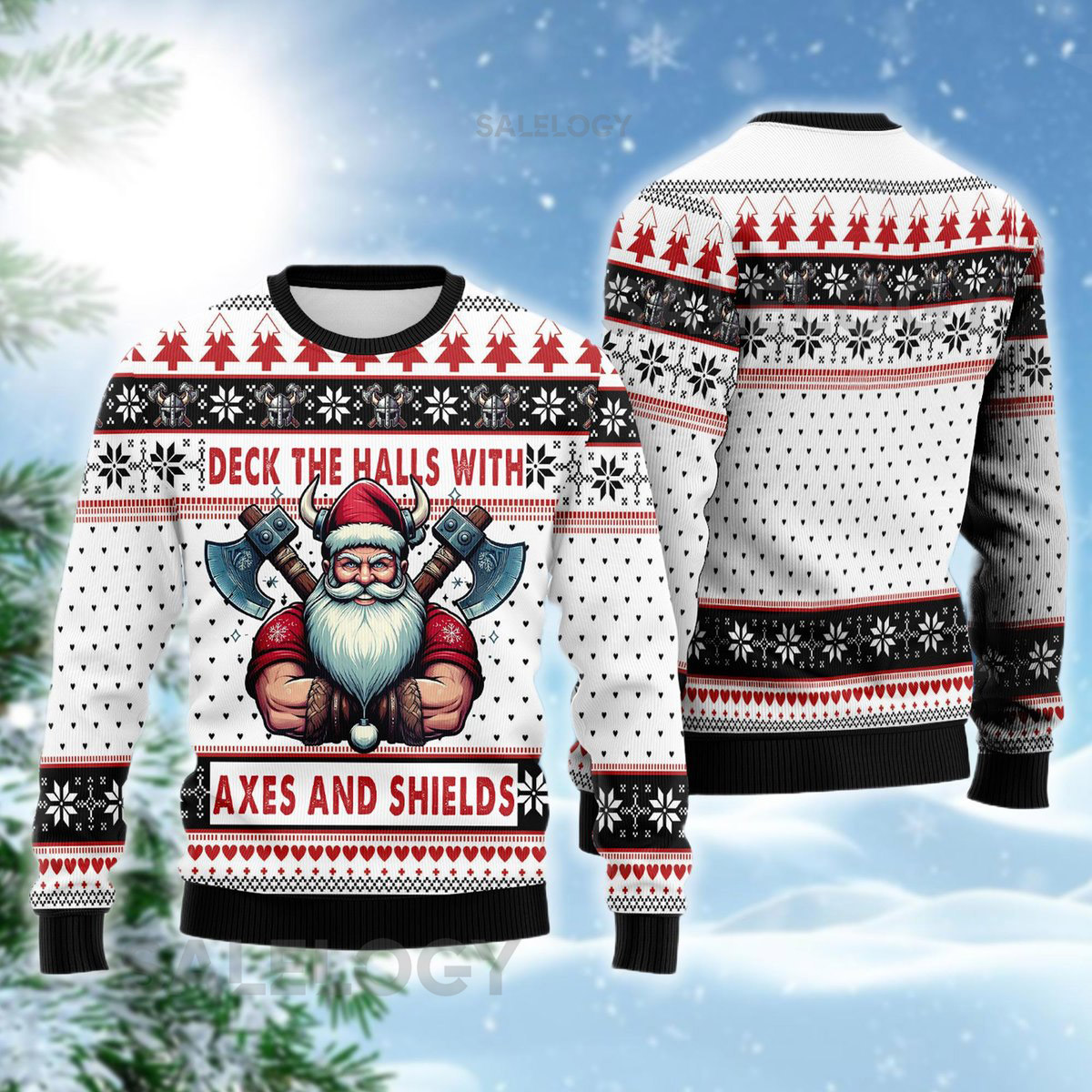 Viking Santa Ugly Christmas Sweater Funny Axes Shields Xmas Deck the Halls Holiday Sweatshirt Norse Mythology Crewneck