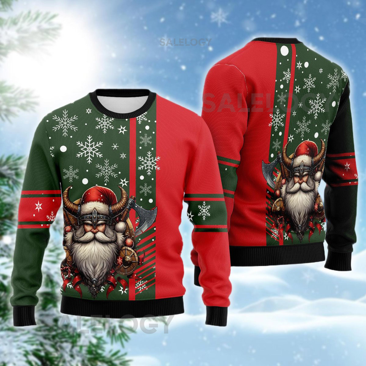 Viking Santa Ugly Christmas Sweater Red Green Split Color Xmas Norse Mythology Holiday Sweatshirt for Him Nordic Crewneck