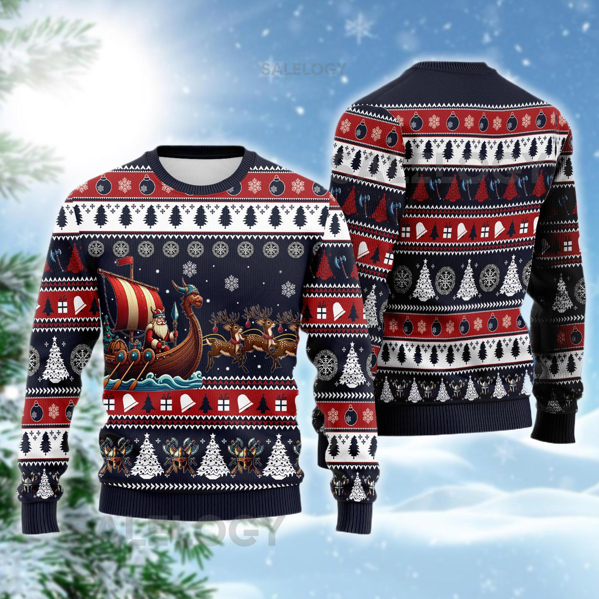 Viking Santa Longship Ugly Christmas Sweater Funny Reindeer Norse Mythology Xmas Holiday Boat Sweatshirt Nordic Crewneck
