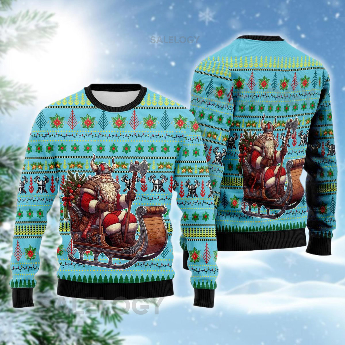 Viking Santa Sleigh Ugly Christmas Sweater Blue Norse God Xmas Funny Axes Holiday Sweatshirt Nordic Myth Crewneck