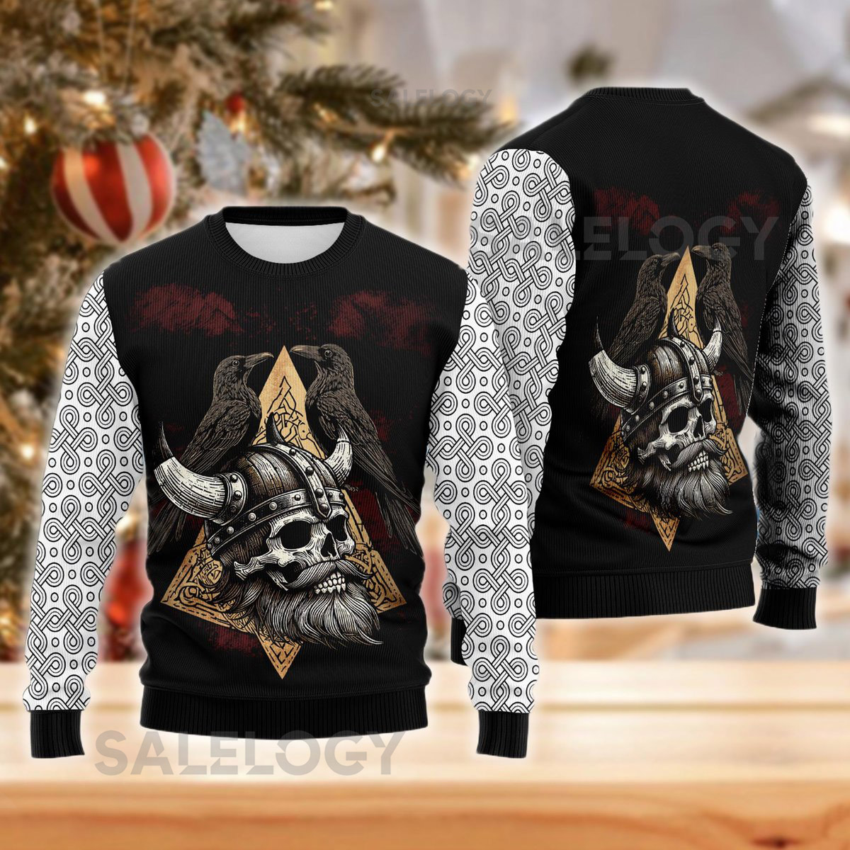 Viking Skull Raven Norse Ugly Christmas Sweater Celtic Knotwork Xmas Black Nordic Mythology Sweatshirt Gothic Crewneck