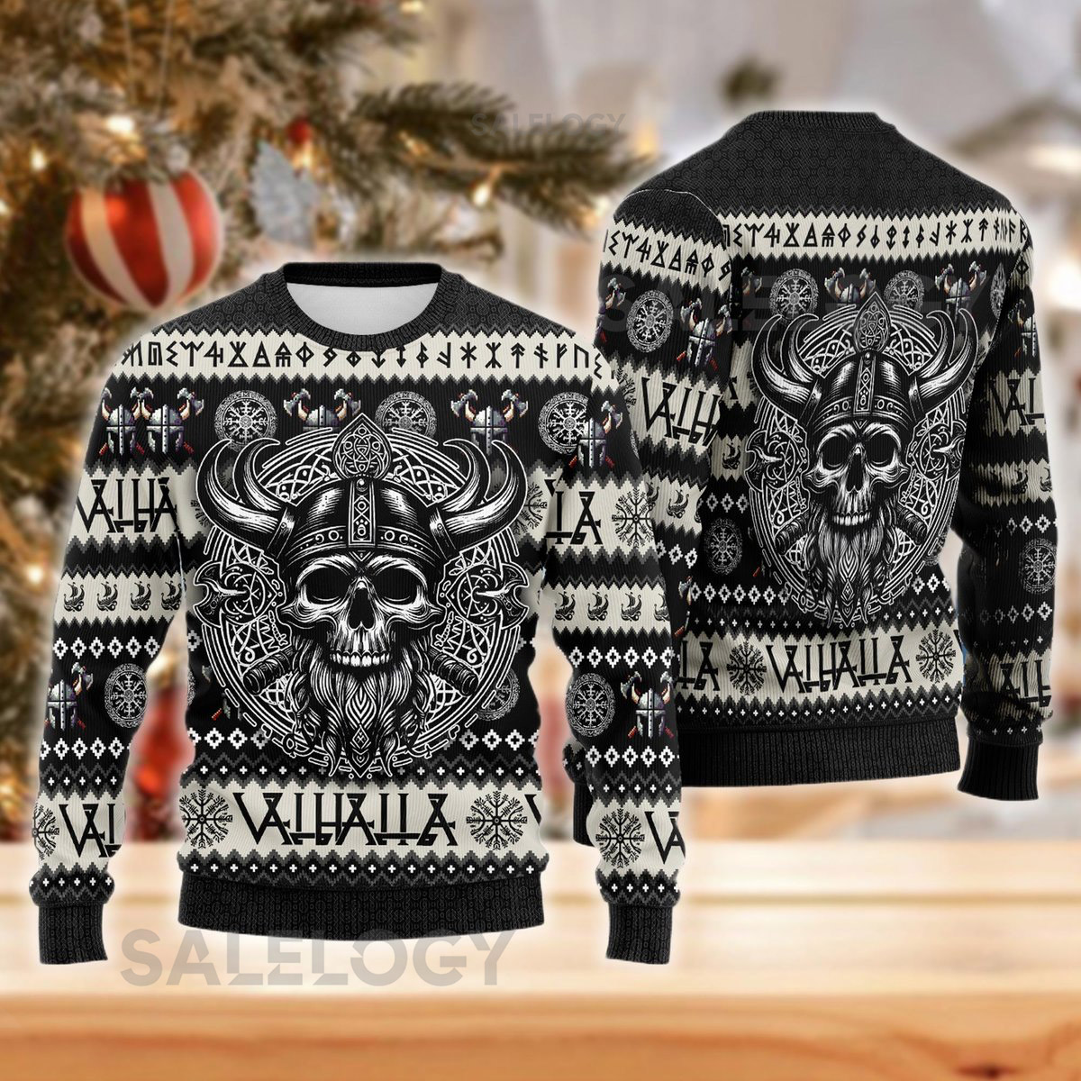 Viking Skull Valhalla Ugly Christmas Sweater Black White Norse Mythology Xmas Heavy Metal Holiday Sweatshirt Nordic Crewneck