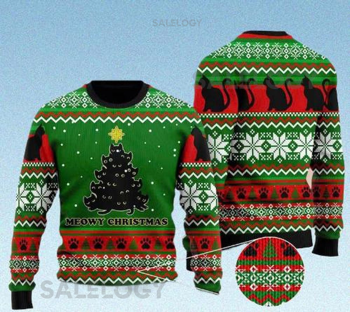 Meowy Cat Ugly Christmas Sweater Cute Black Cat Tree Holiday Sweatshirt Pet Lover Xmas