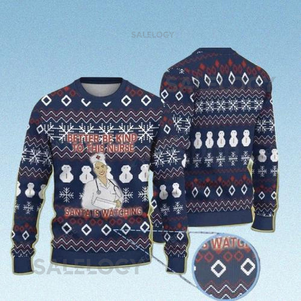 Navy Blue Ugly Christmas Sweater White Snowflake Snowman Pattern Featuring Nurse Santa Design