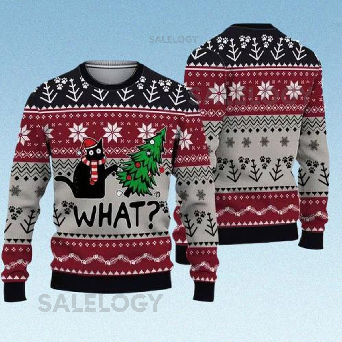 Tree Topple Cat Ugly Christmas Sweater Funny Black Kitty WHAT Design Cozy Unisex Winter Jumper
