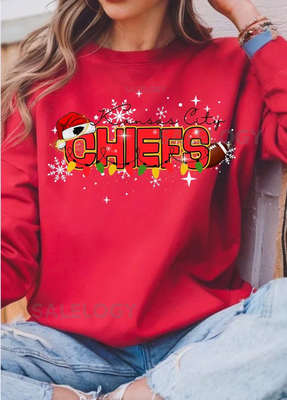 Chiefs Christmas Shirt Kansas City Chiefs Sweatshirt KC Football Holiday Tee Chiefs with Snowflakes and Christmas Lights Shirt Red Gol_4