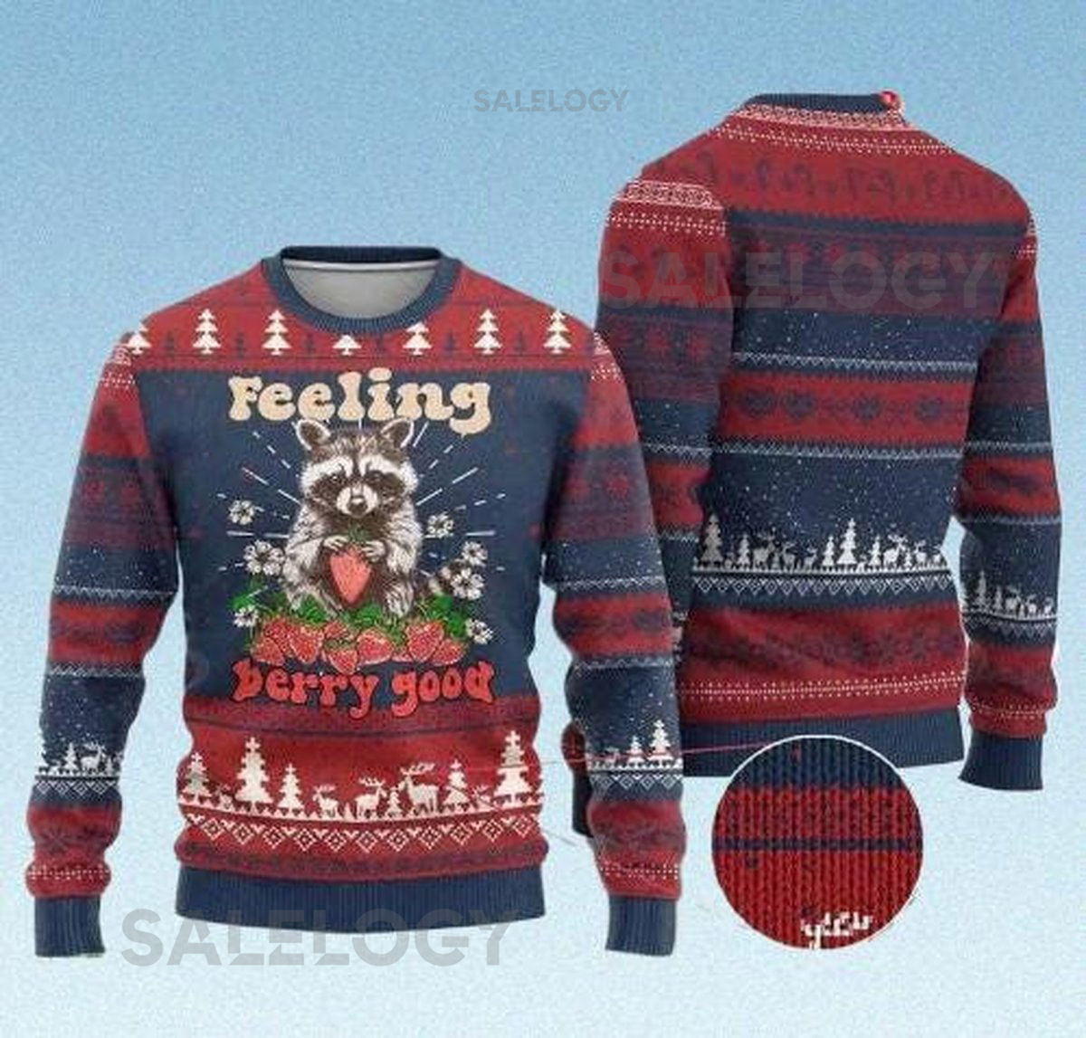 Funny Raccoon Ugly Christmas Sweater Feeling Berry Good Strawberry Holiday Pullover Kids