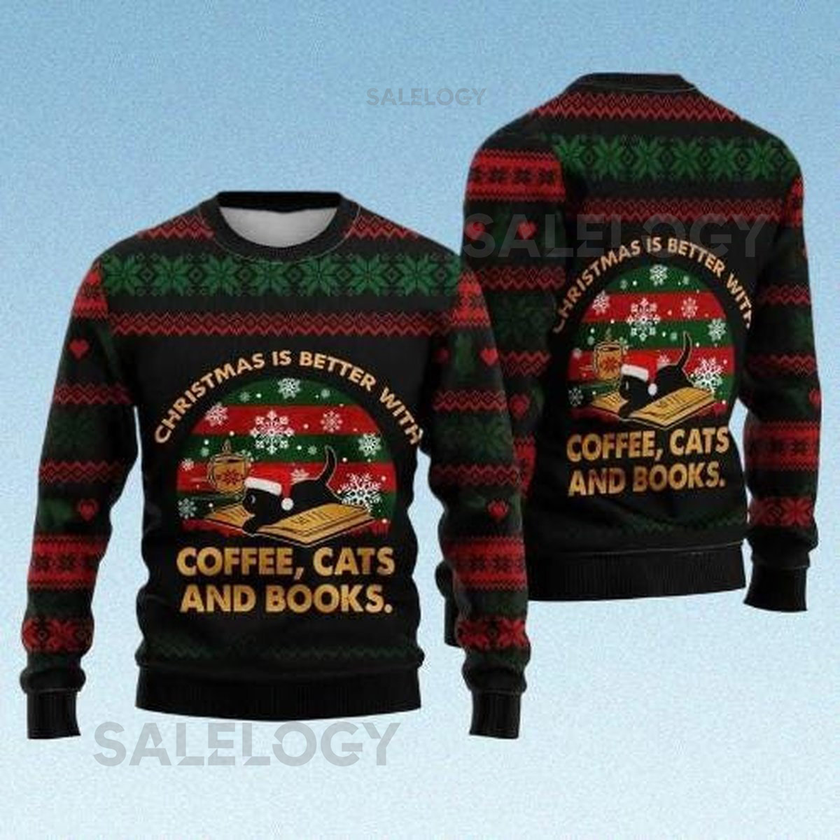 Funny Cat Reading Book Christmas Sweater Coffee Books Holiday Shirt Black Cat Santa Hat Ugly Xmas