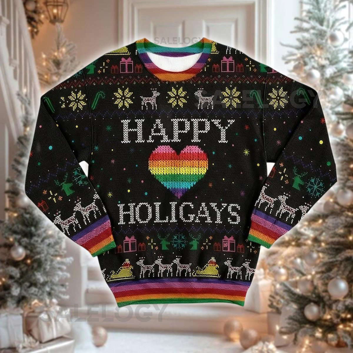 Happy Holigays Rainbow Heart Sweater LGBTQ Christmas Sweatshirt Funny Gay Holiday Crewneck Pride Month Equality Jumper