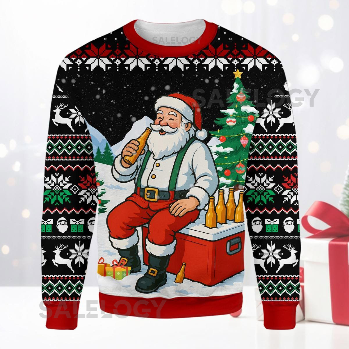 Fake Ugly Christmas Sweater Beer Santa Funny Drinking Xmas Sweatshirt Craft Beer Lover Festive Holiday Party Pullover