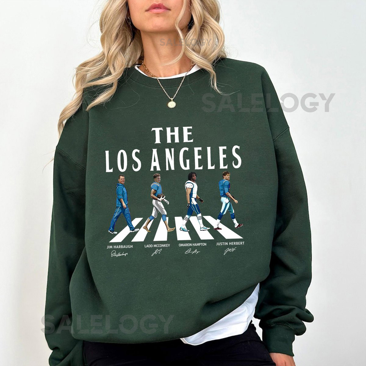 Los Angeles Walking Road Road Signatures Sweatshirt Jim Harbaugh Ladd McConkey Omarion Hampton Justin Herbert Los Angeles Football Shirt_105