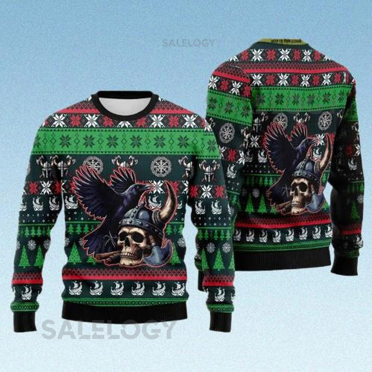 Viking Skull Raven Ugly Christmas Sweater Norse Mythology Holiday Sweatshirt Heavy Metal Xmas for Him Skull Crewneck