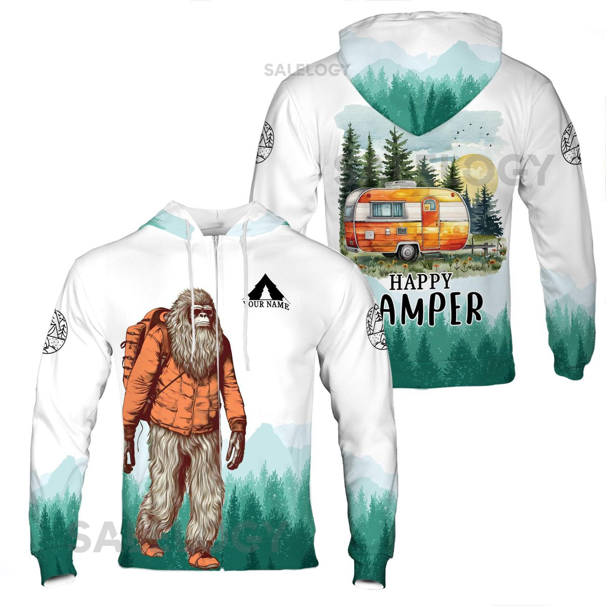 Custom Name Happy Camper Forest Ape Mountain Tent Design Hoodie S-5XL_30