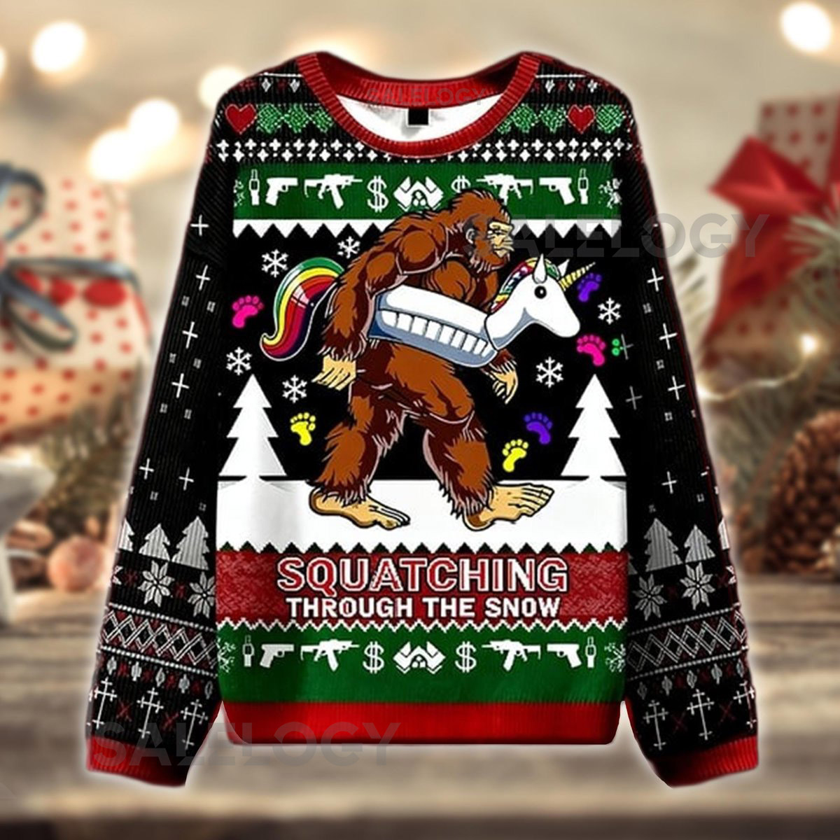 Squatching Through The Snow Sweater Bigfoot Unicorn Ugly Xmas Funny Sasquatch Holiday  Cryptid Fan Top