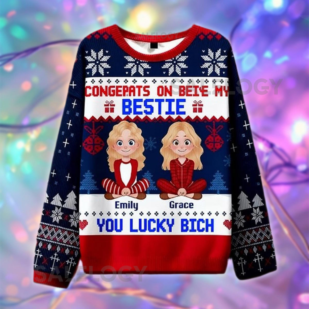 Bestie Personalized Christmas Sweater Funny Lucky Bitch Holiday Top Custom Ugly Xmas Sweatshirt Friend