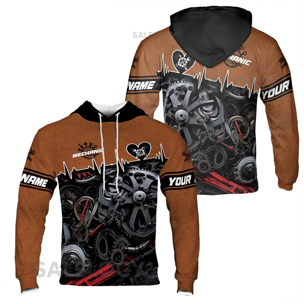 Custom Name Mechanic Heart Gears Leather Black Brown Hoodie S-5XL_37