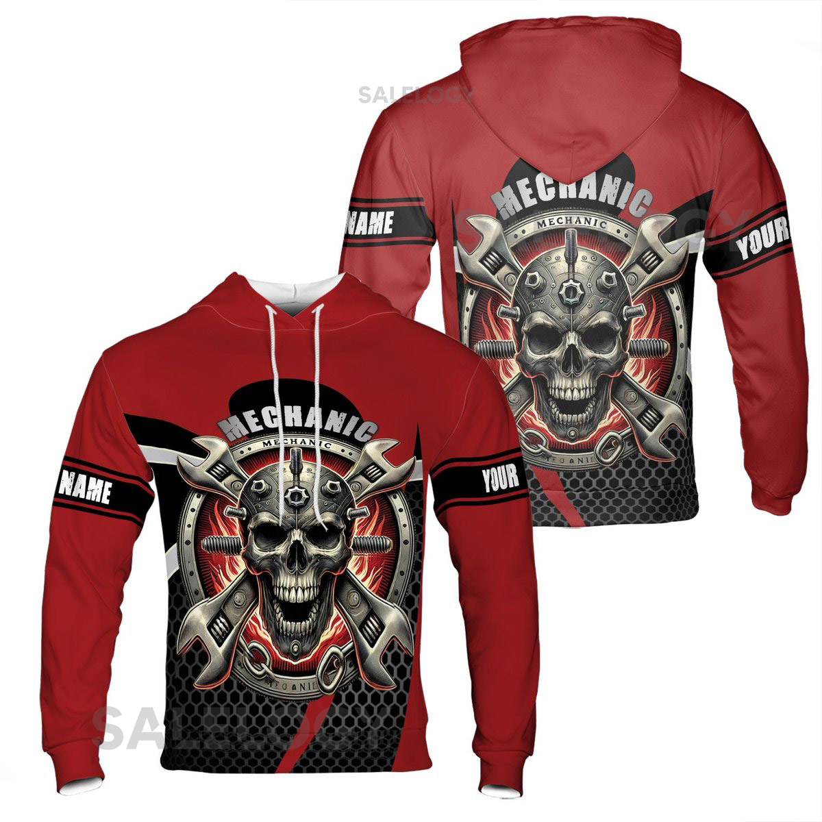 Custom Name Mechanic Tool Skull Gears Red Hoodie S-5XL_40