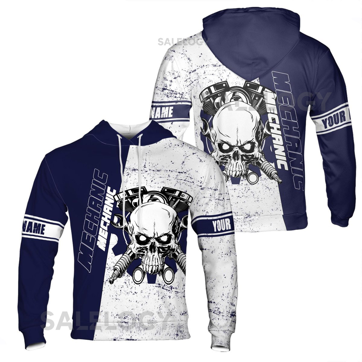 Custom Name Mechanic Skull Gears Dark Blue White Hoodie S-5XL_39