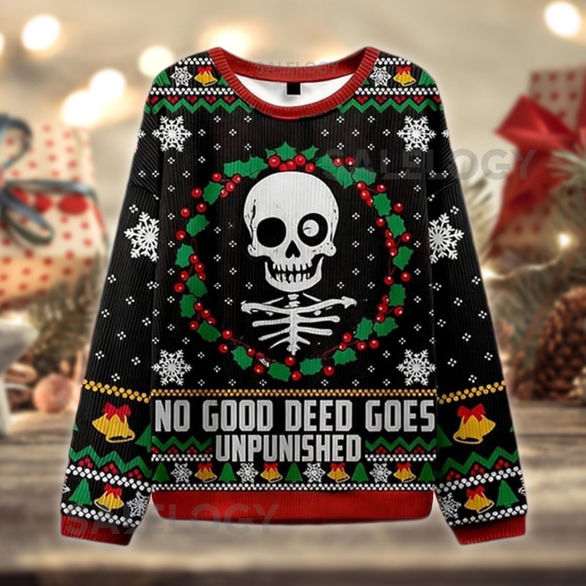 No Good Deed Goes Unpunished Sweater Skull Ugly Christmas Top Funny Dark Humor Holiday  Skeleton Xmas