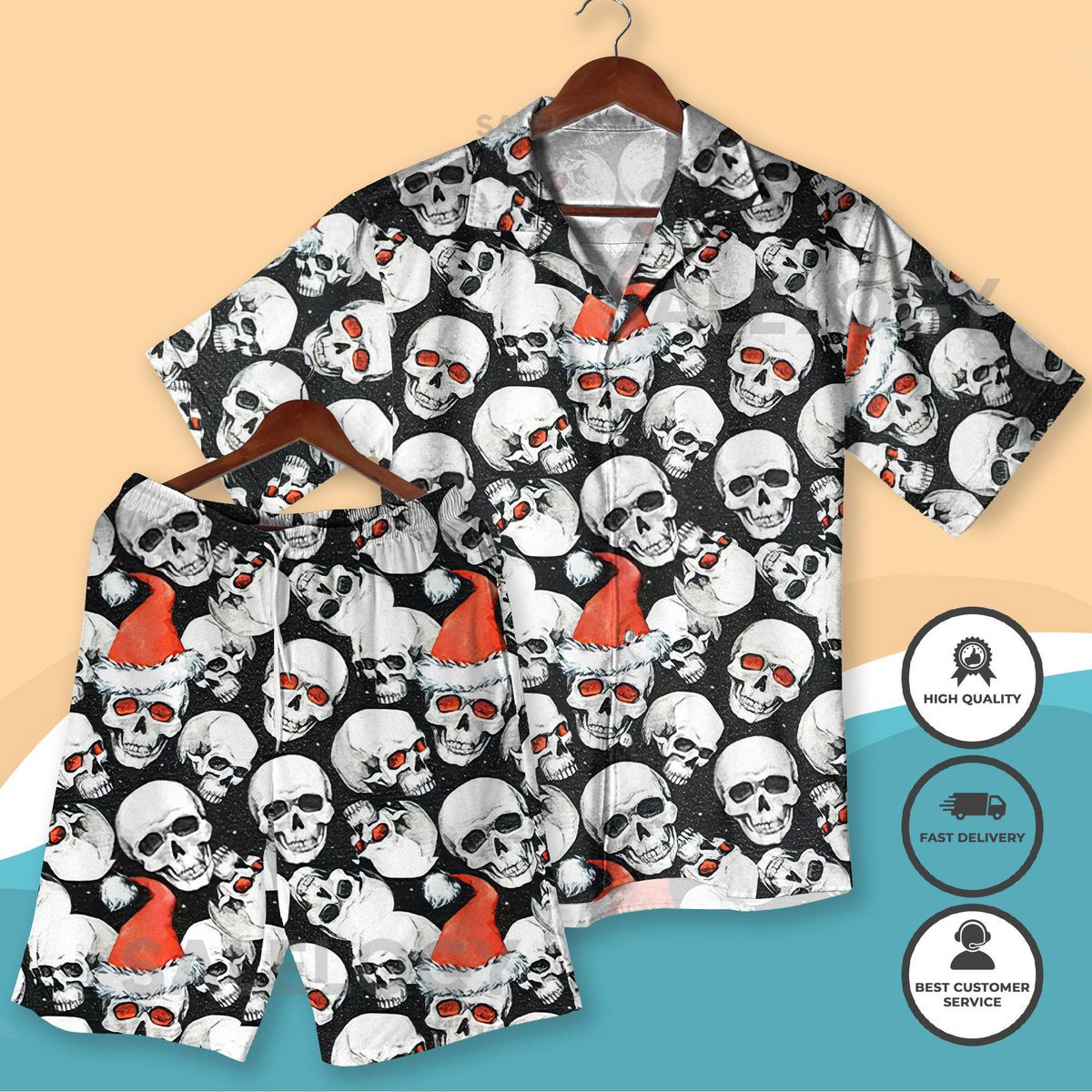 Christmas Skull Hawaiian Shirt Shorts Santa Skull Aloha Shirt Gothic Christmas Vacation Outfit Funny Holiday Beach Shirt Men Women Gifts_44