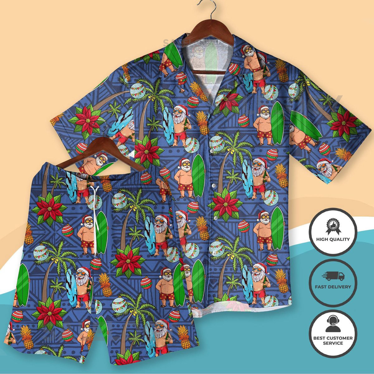 Santa Surfing Christmas Hawaiian Shirt Shorts Tropical Xmas Aloha Shirt Funny Beach Holiday Outfit for Men Women Vacation Christmas Shirt_235