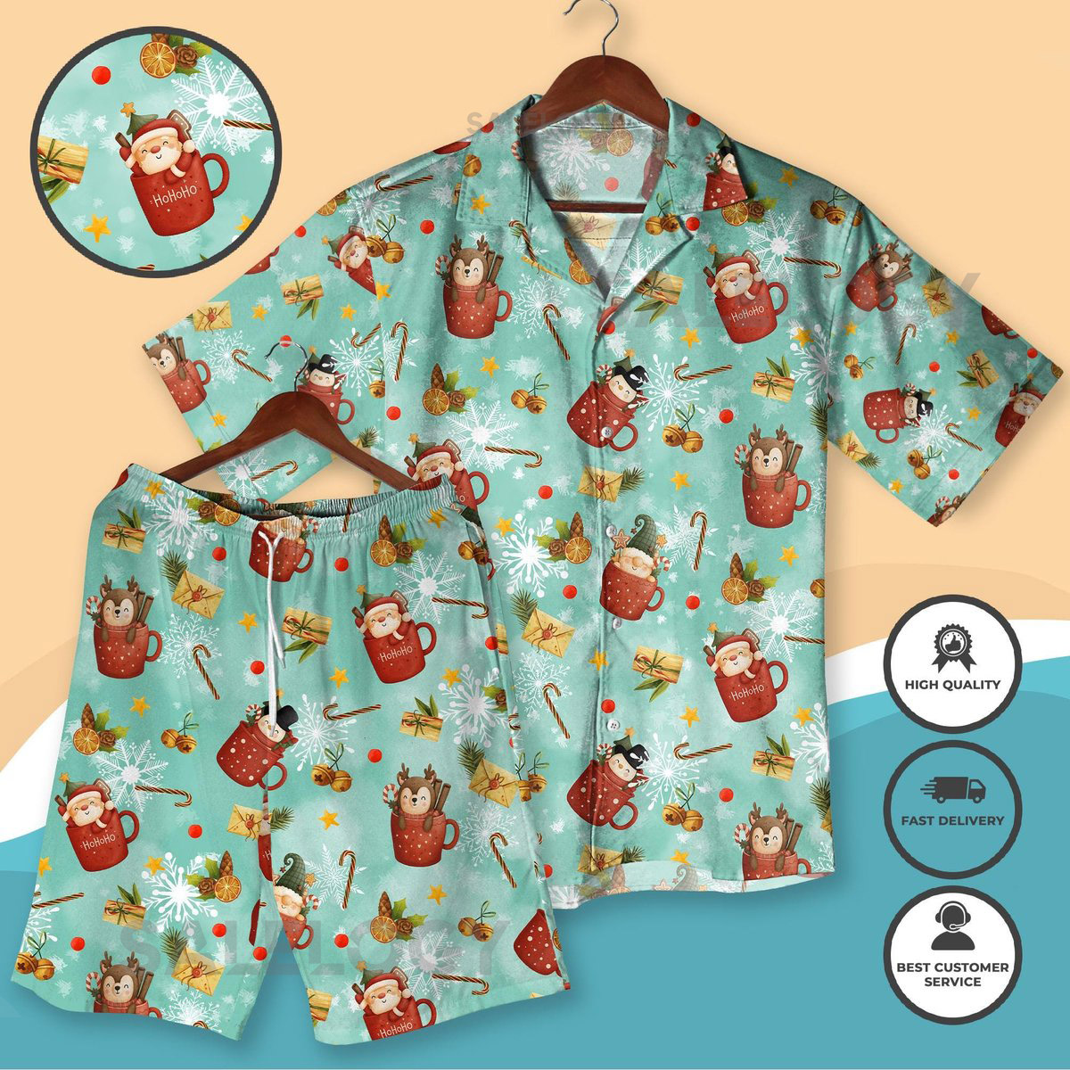 Cute Christmas Mug Hawaiian Shirt Shorts Cozy Hot Cocoa Holiday Aloha Shirt Funny Xmas Outfit for Men Women Festive Winter Gift Lounge Set_56