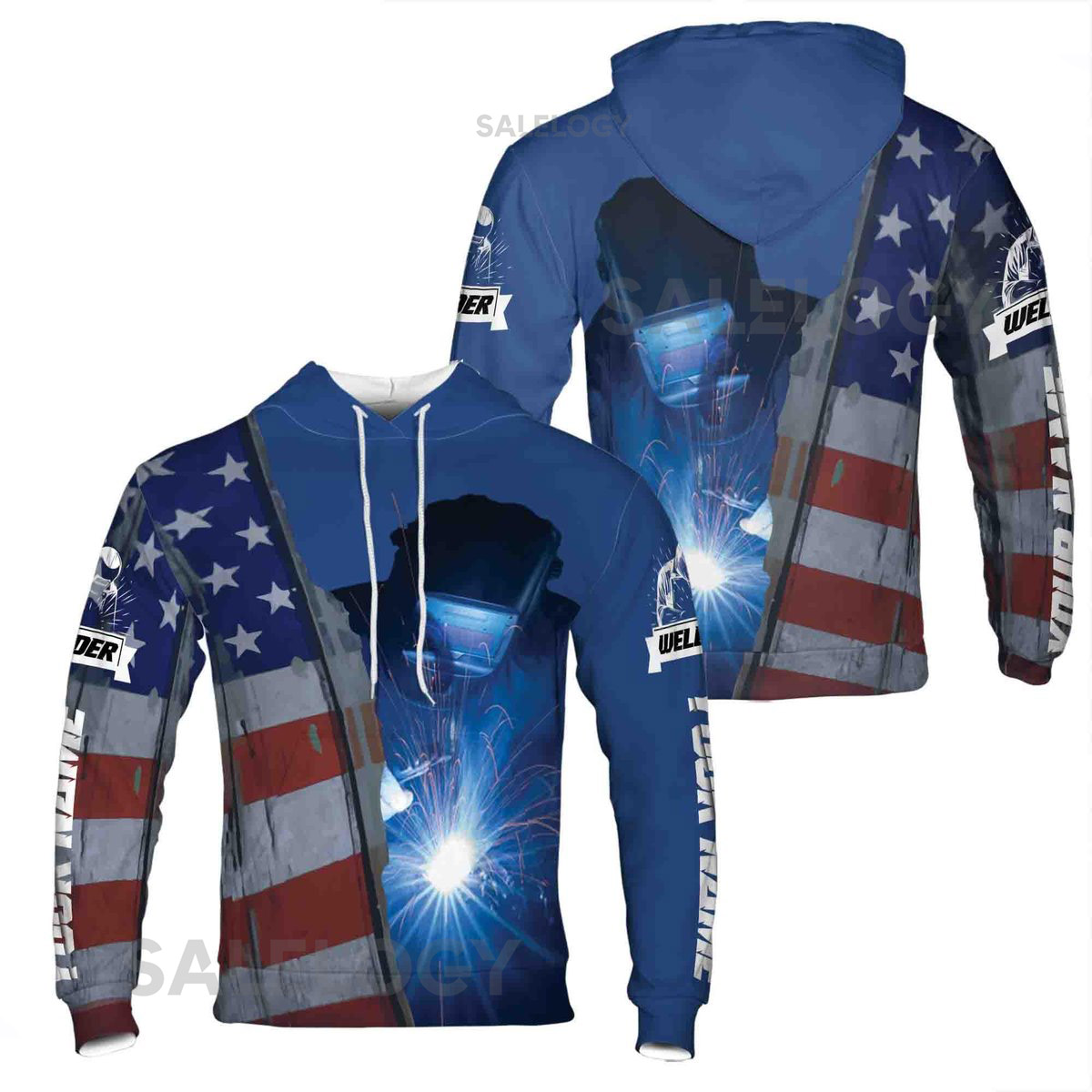 Custom Name Welder Welding Spark USA Flag Blue Hoodie S-5XL_74