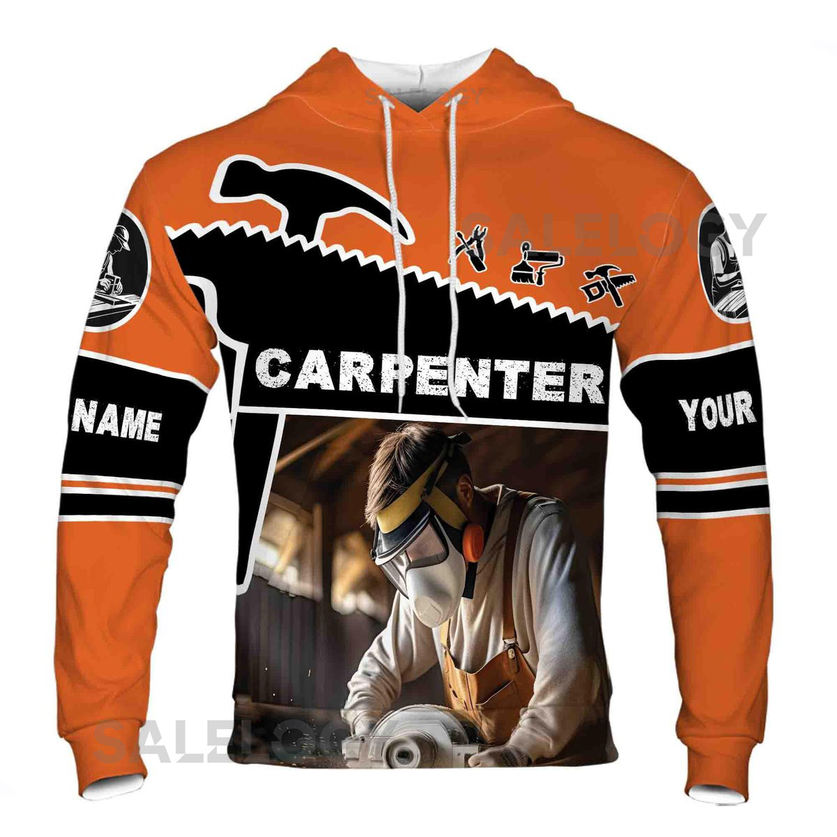 Custom Name Carpenter Woodworker Tools Black Orange Hoodie S-5XL_11