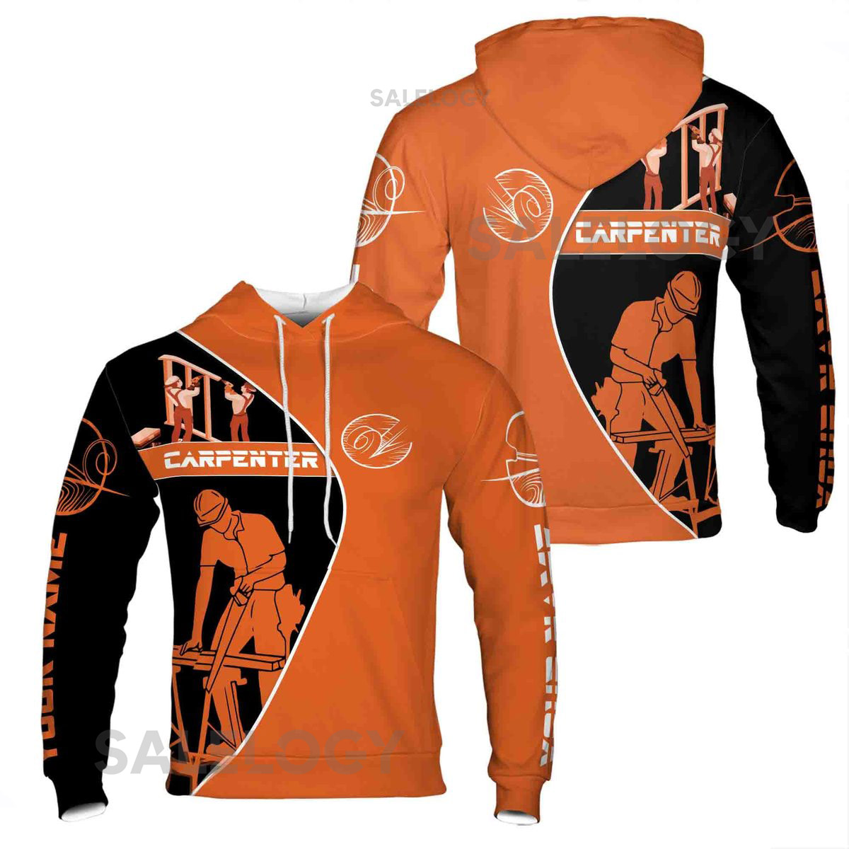 Custom Name Carpenter Woodworker Tools Construction Black Orange Hoodie S-5XL_12