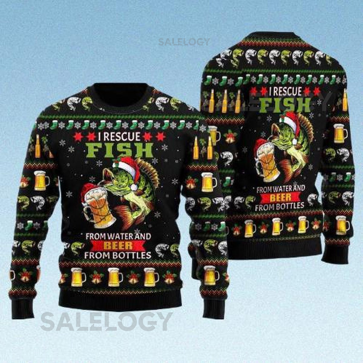 Christmas Fish Ugly Sweater Funny I Rescue Fish from Water Beer from Bottles Holiday Jumper Festive Xmas Sweater