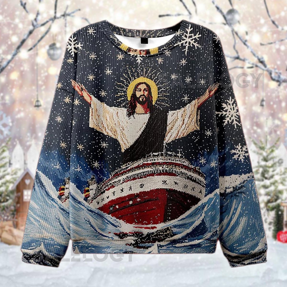 Jesus Cruise Ship Ugly Christmas Sweater Funny Religious Xmas Jumper Messiah Walking On Water Merry Cruisemas  Catholic Holiday Tee
