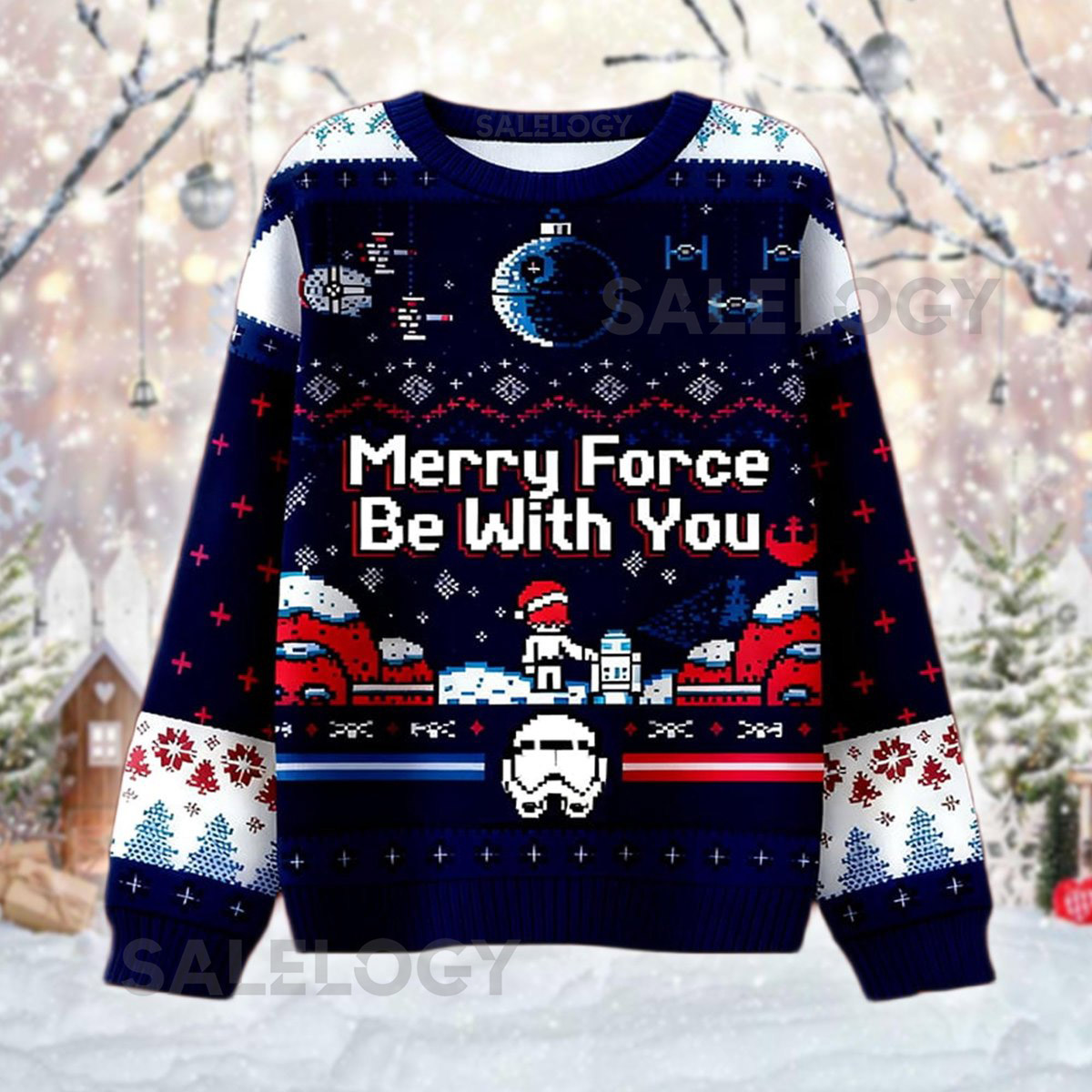 Merry Force Be With You Ugly Christmas Sweater Sci-Fi Fan  Death Star Holiday Jumper Nerdy Sci-Fi Xmas Party Crewneck