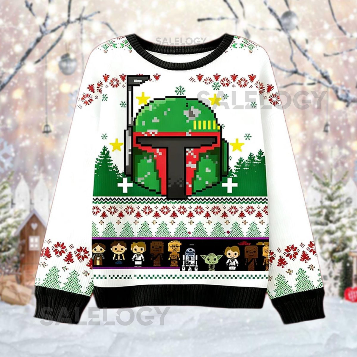 Sci-Fi Ugly Christmas Sweater Boba Fett Pixel Art Jumper Holiday Galactic Empire Xmas Top Nerdy Festive Apparel