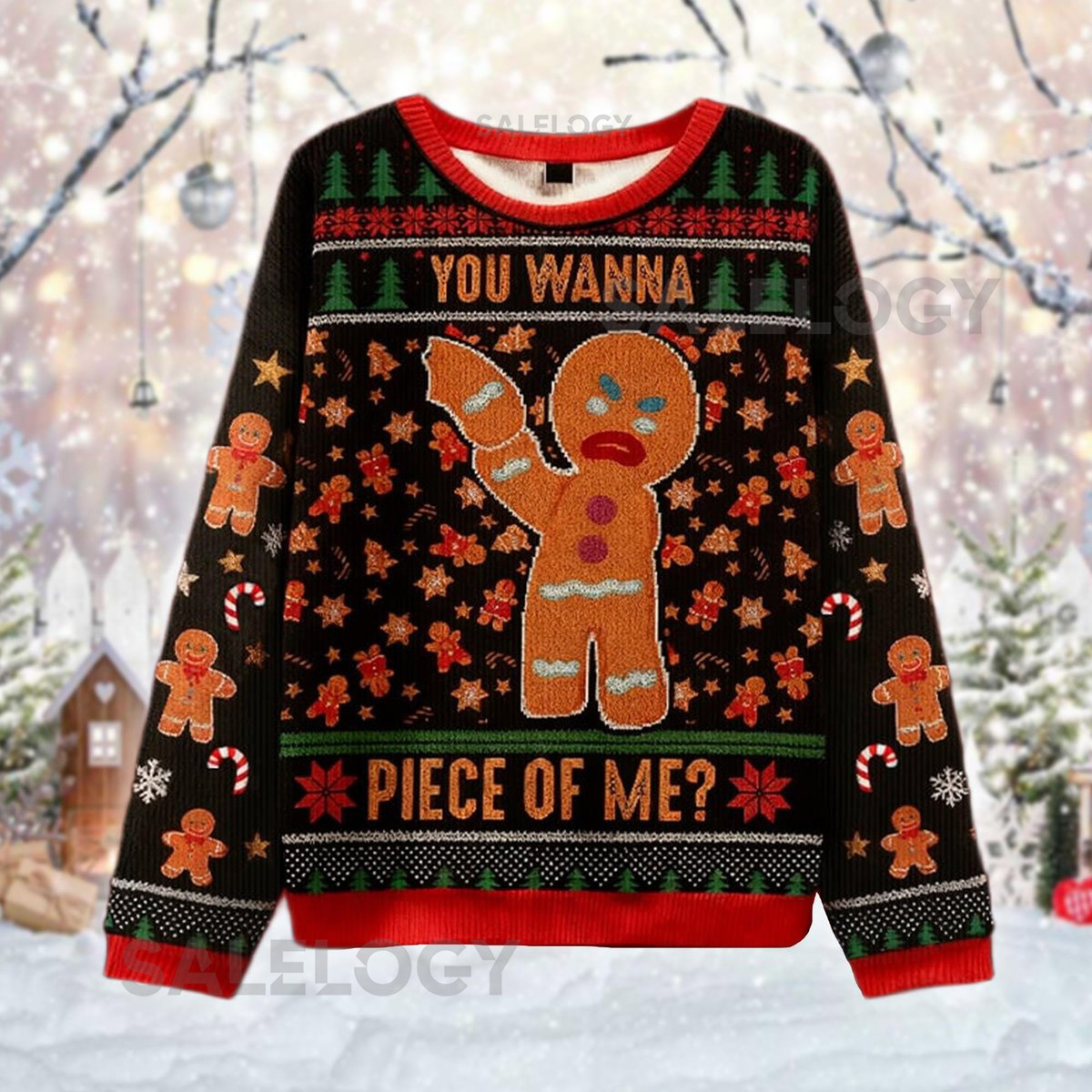 Angry Gingerbread Man Ugly Christmas Sweater Funny Holiday Jumper You Wanna Piece Of Me Xmas Party Green Monster Inspired