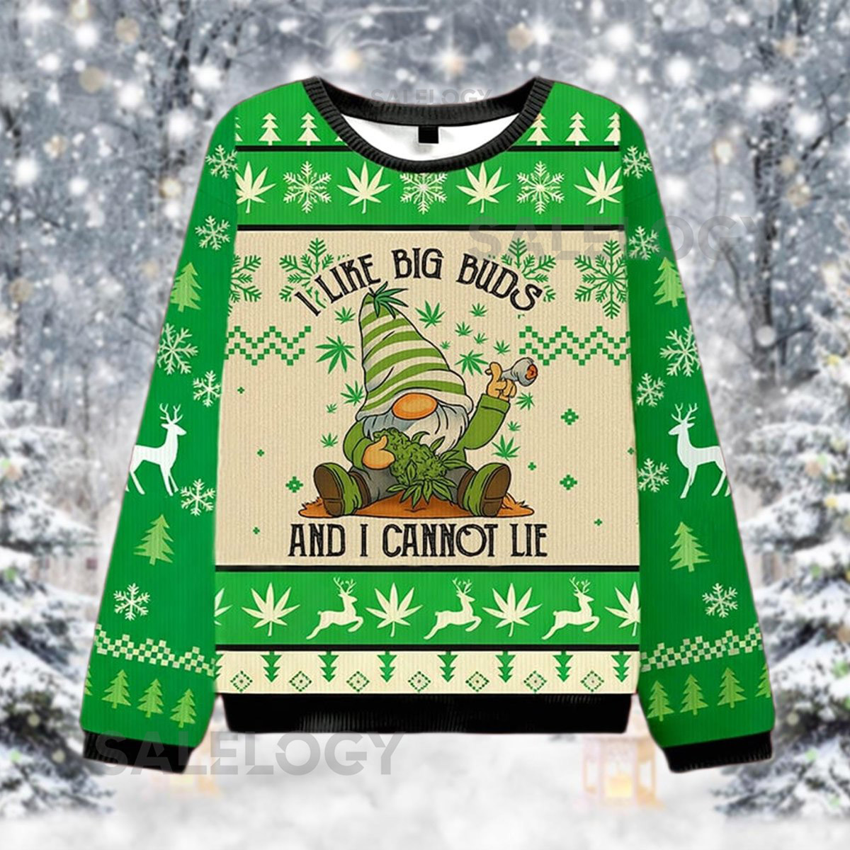 Weed Christmas Sweater I Like Big Buds Gnome Jumper Funny Holiday Marijuana Leaf Ugly Sweater