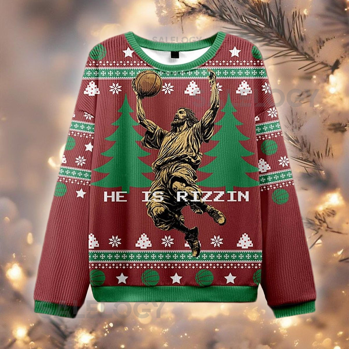 He Is Rizzin Ugly Christmas Sweater Funny Basketball Jesus Jumper Religious Holiday Meme Top Xmas Party Apparel