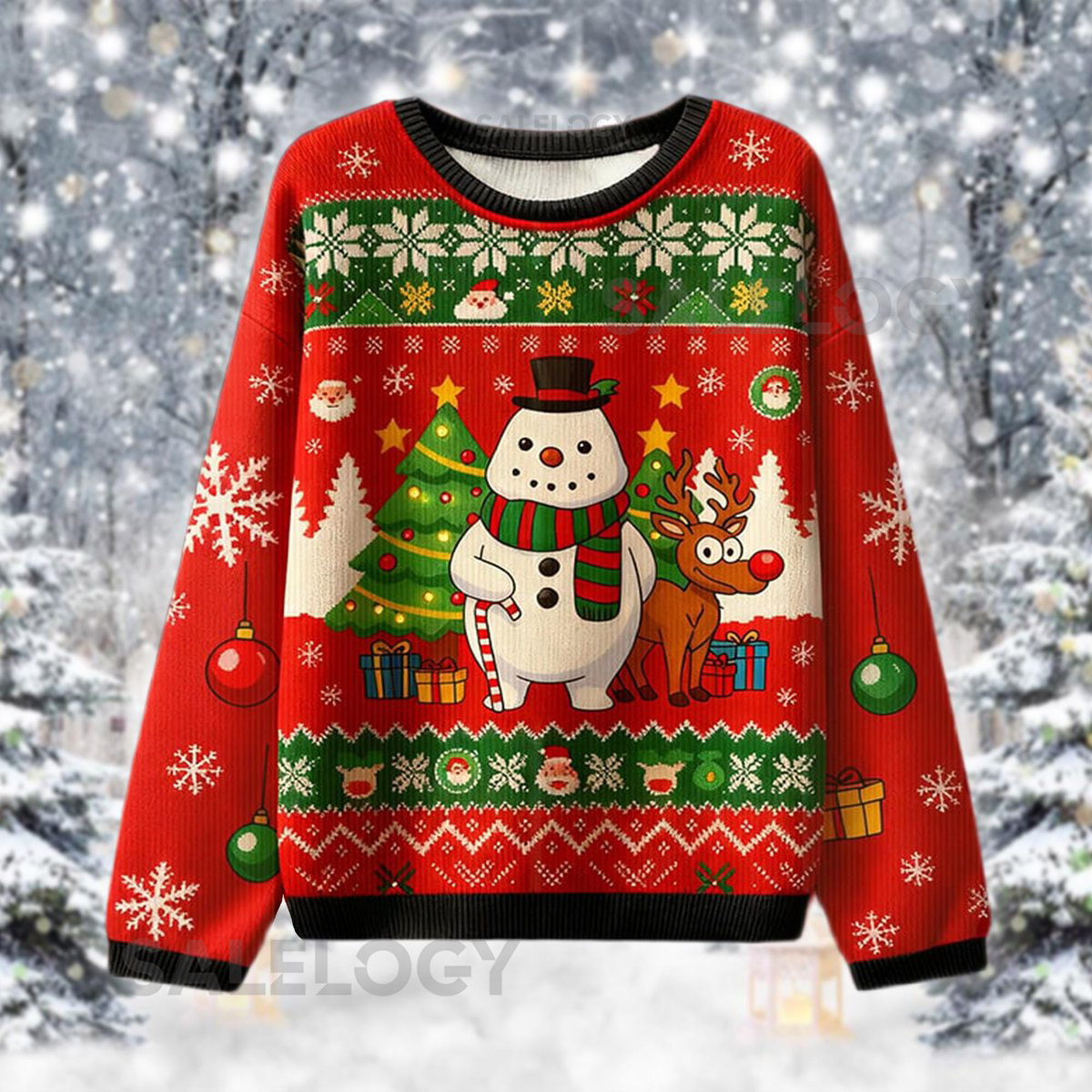 Red Snowman Reindeer Ugly Christmas Sweater Classic Holiday Jumper Festive Xmas Party Top Traditional Winter Apparel