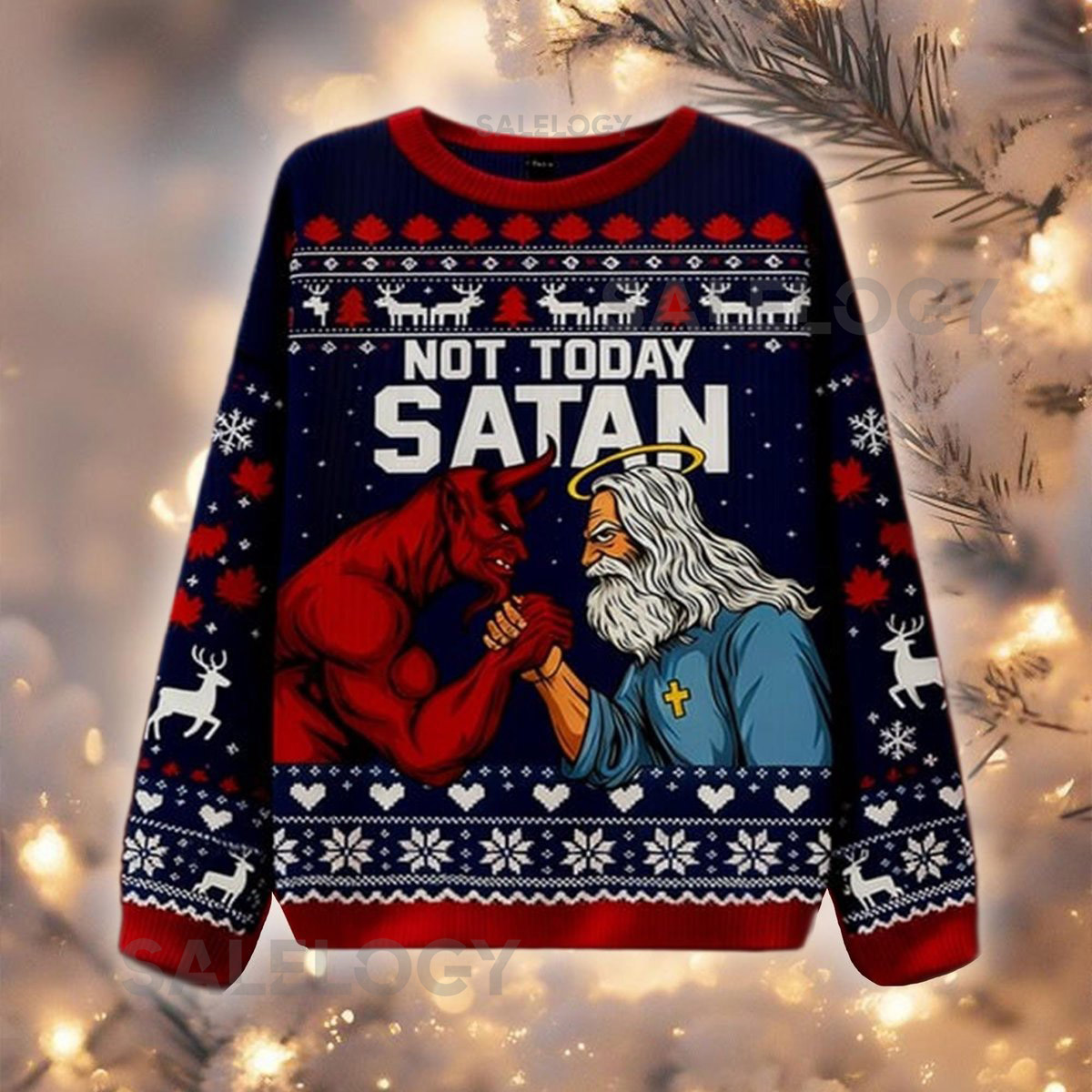 Not Today Satan Ugly Christmas Sweater Jesus vs Devil Jumper Funny Religious Holiday Top Hilarious Xmas Party