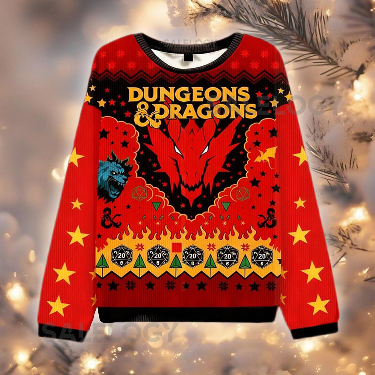 Fantasy Dragon Ugly Christmas Sweater Role Playing Game Jumper Fire Breathing Xmas Top Tabletop Dice Fan
