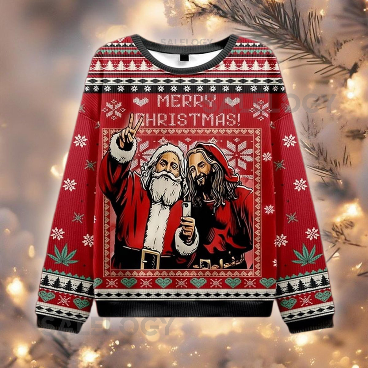 Santa and Jesus Selfie Ugly Christmas Sweater Funny Religious Jumper Weed Leaf Holiday Top Hilarious Xmas Party