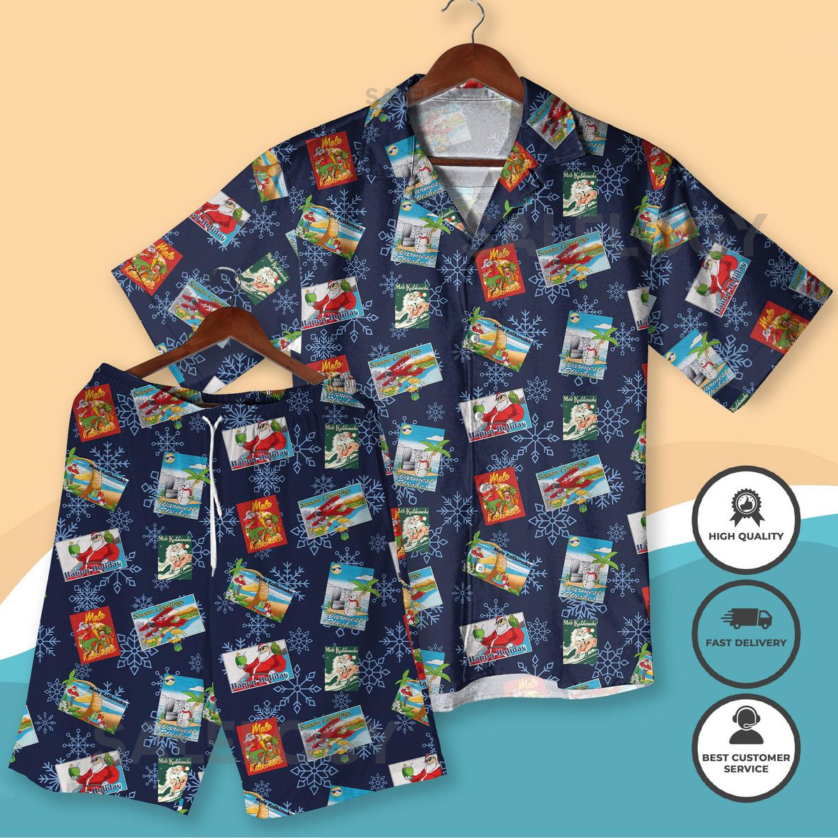 Vintage Postcard Christmas Hawaiian Shirt Shorts Retro Holiday Aloha Shirt Mele Kalikimaka Beach Outfit Funny Xmas Vacation Shirt Men Women_290