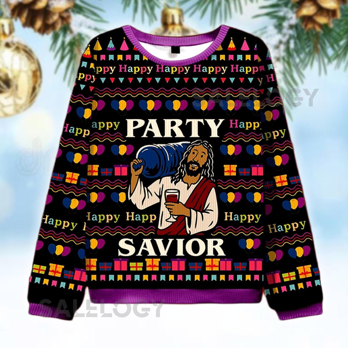 Party Savior Biblical Figure Ugly Christmas Sweater Funny Religious Xmas  Jesus Drinking Wine Sweatshirt Holiday Party Humor