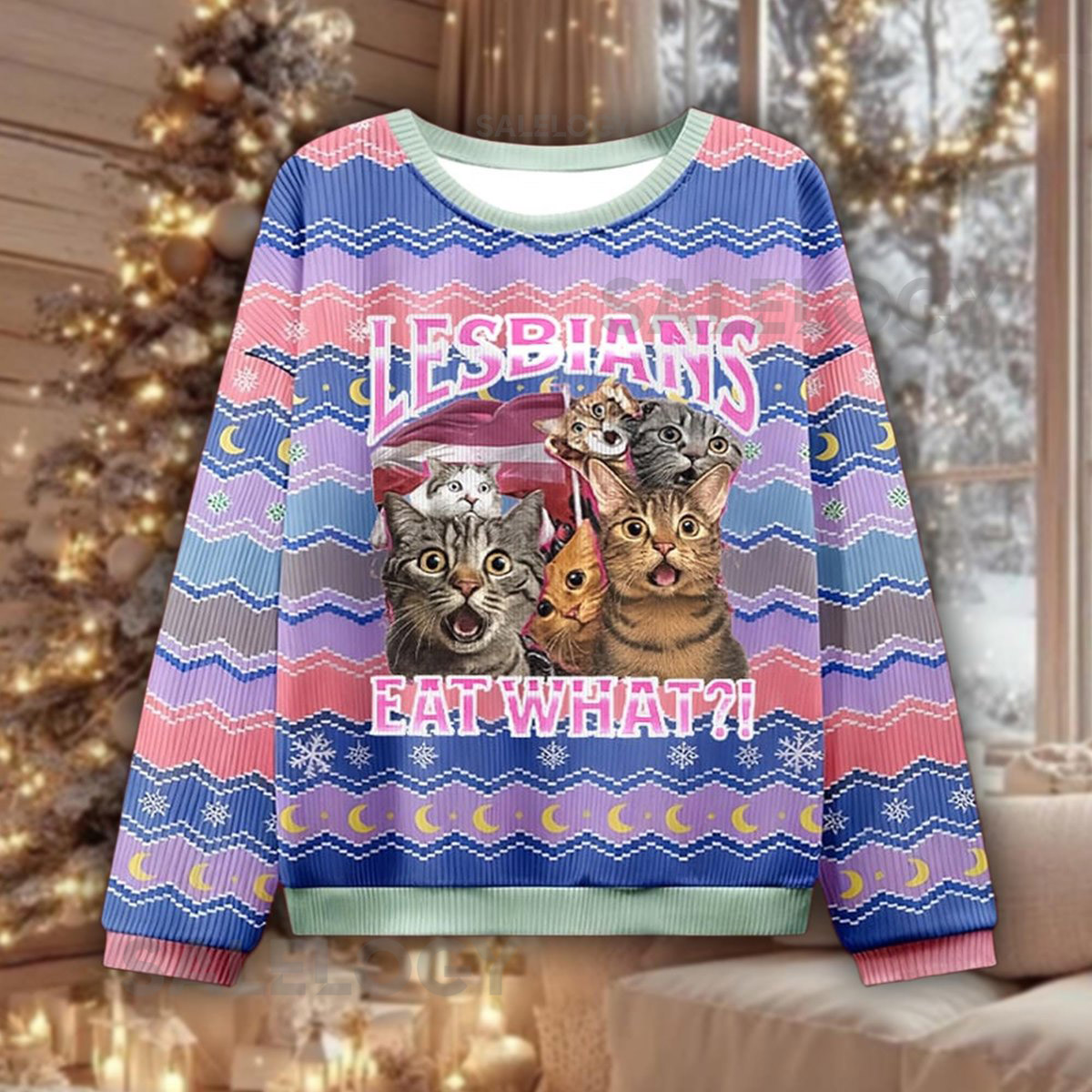 Funny Lesbians Eat What Cat Meme Ugly Christmas Sweater Humor Xmas Cat Lover Holiday Sweatshirt Secret Santa Joke