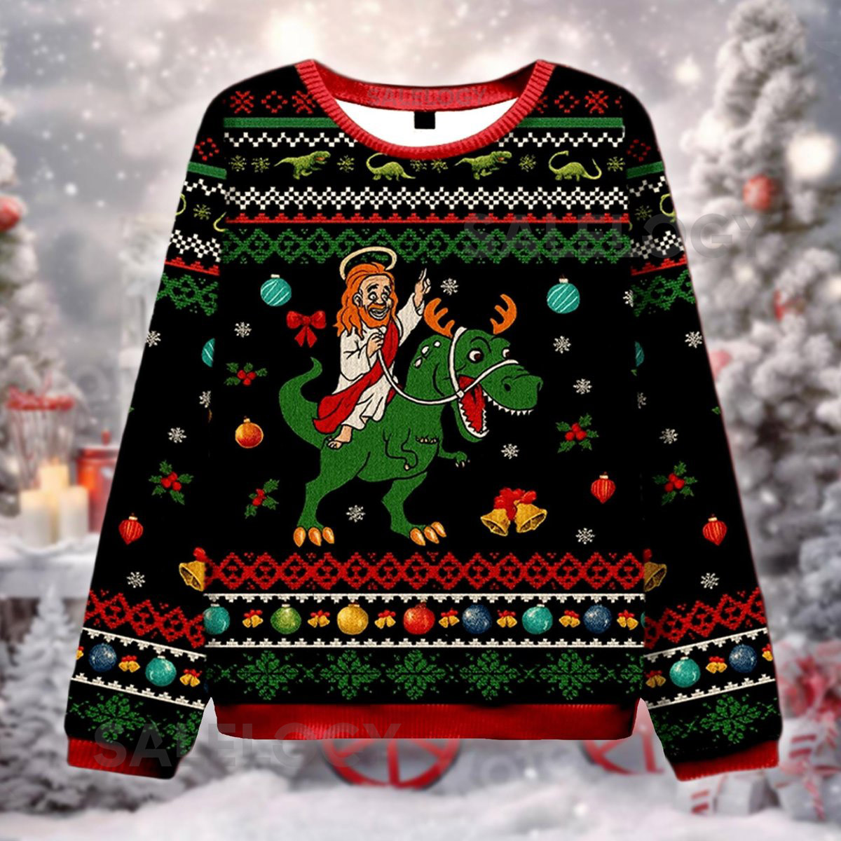 Funny Biblical Figure Riding Dinosaur Ugly Christmas Sweater Humor Xmas T-Rex Savior Sweatshirt Religious Holiday