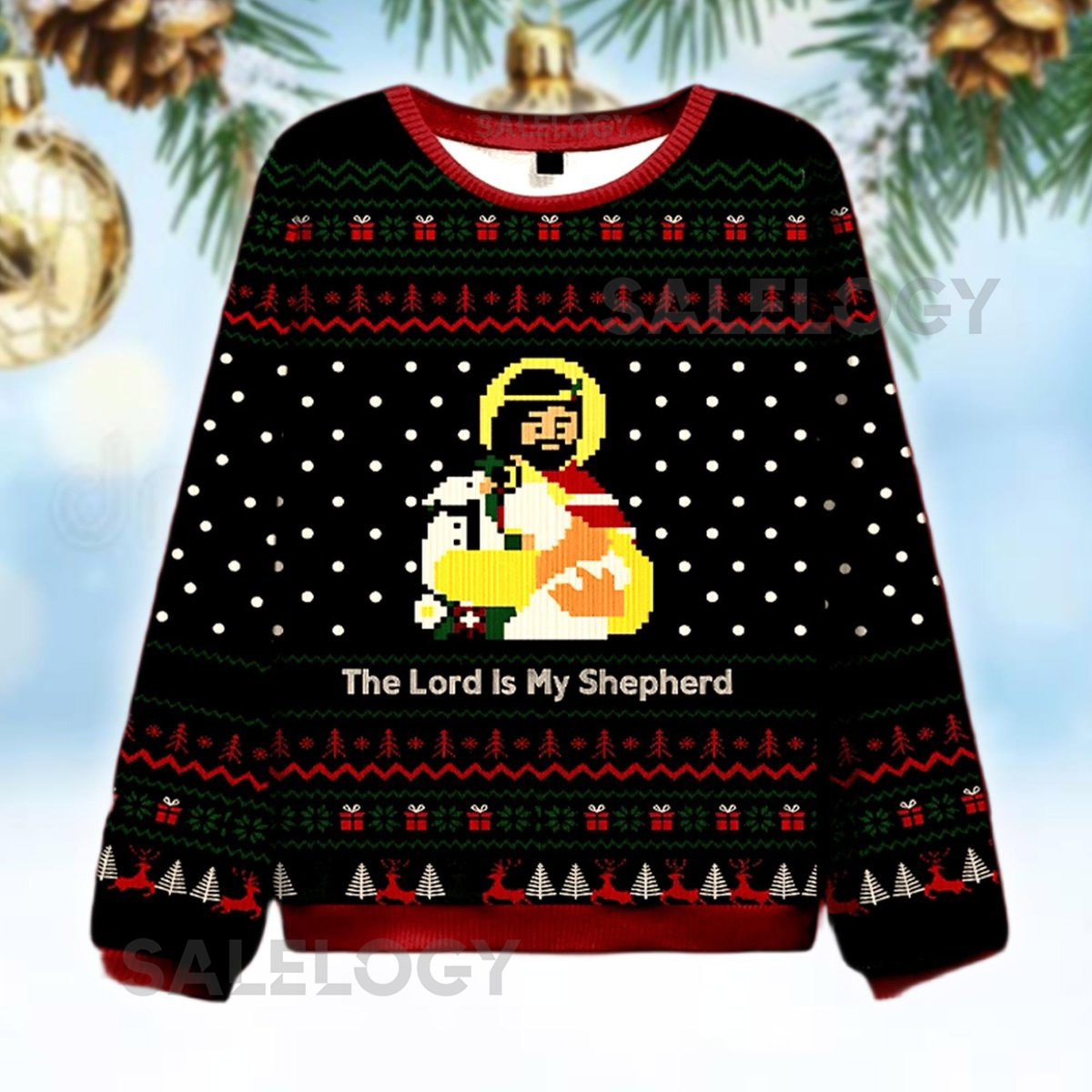 Pixel Art Biblical Figure The Lord Is My Shepherd Ugly Christmas Sweater Funny Religious Xmas  Christian Sweatshirt Holiday