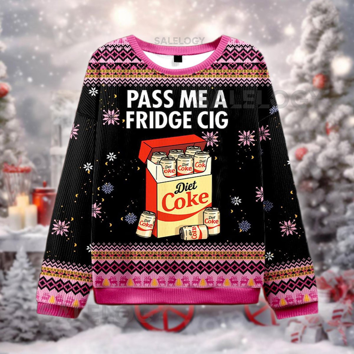 Funny Soda Brand Fridge Cigarette Parody Christmas Sweater Pink Humor Holiday Sweatshirt Xmas Party Secret Santa Joke Crewneck