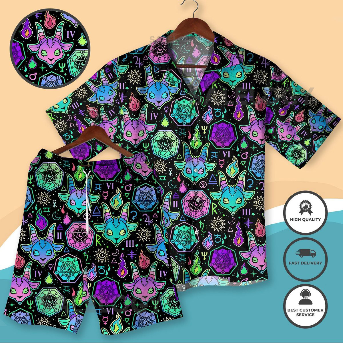 Colorful Occult Goat Hawaiian Shirt Witchy Gothic Aesthetic Vacation Outfit Unisex Boho Witch Shirt and Short Festival Magic Symbol Print_53
