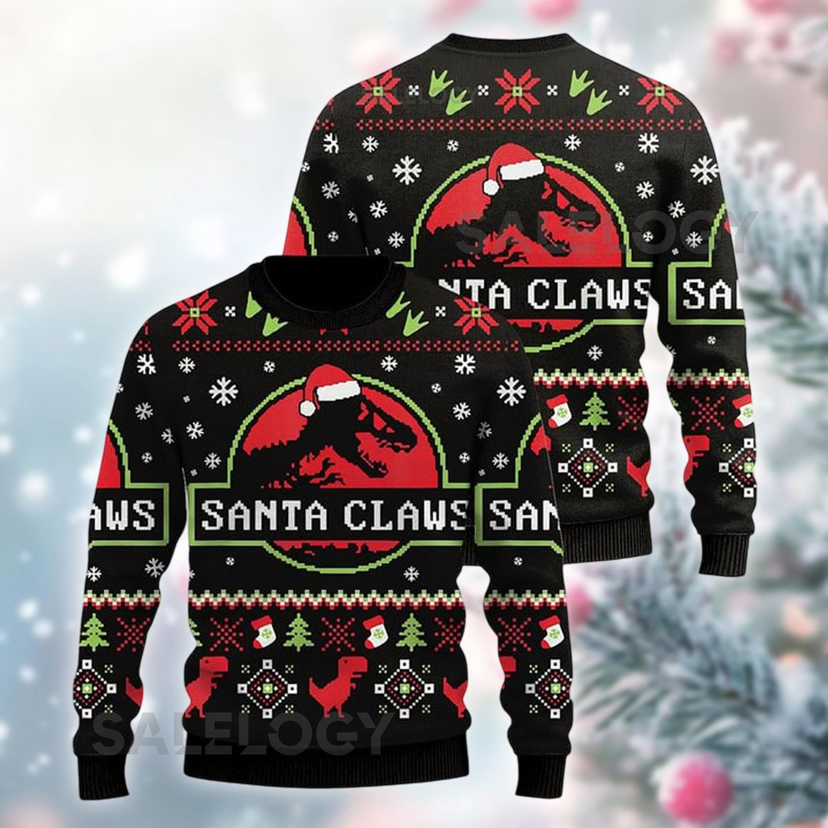 Santa Claws Christmas Sweater Funny Dinosaur Holiday Jumper Dino Xmas Party Shirt Ugly Crewneck Jurassic Parody Sweatshirt