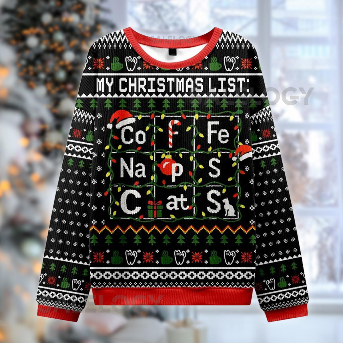 Christmas List Coffee Naps Cats Sweater Funny Ugly Holiday Jumper Cat Lover Xmas  Science Periodic Table Style Sweatshirt